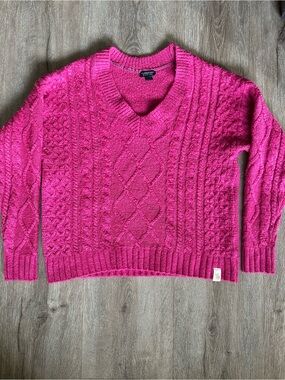 Cable Knit V-Neck Sweater - Hot Pink - Polo by Ralph Lauren